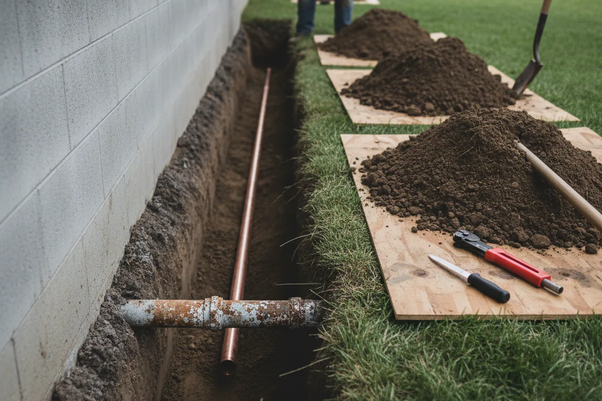 Excavated water line trench during Sewer Line Repair in Levittown